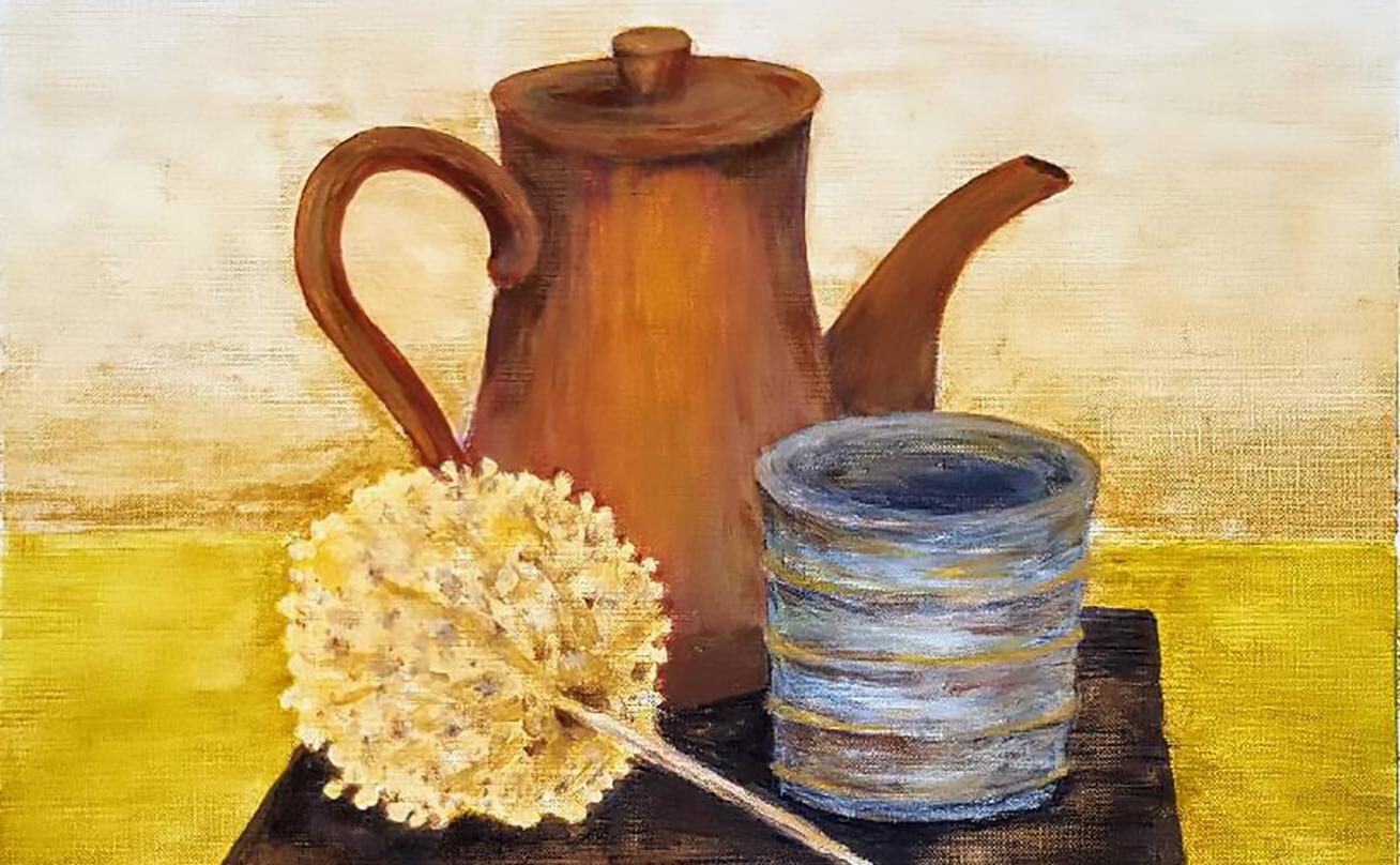 Still life painting of a cup, teapot, and flower